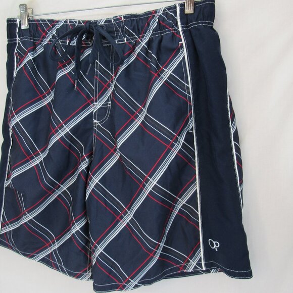 OP Men's Dark Navy with White & Red Stripe 8 1/2" Inseam Swim Trunks L (36-38) - Picture 3 of 10